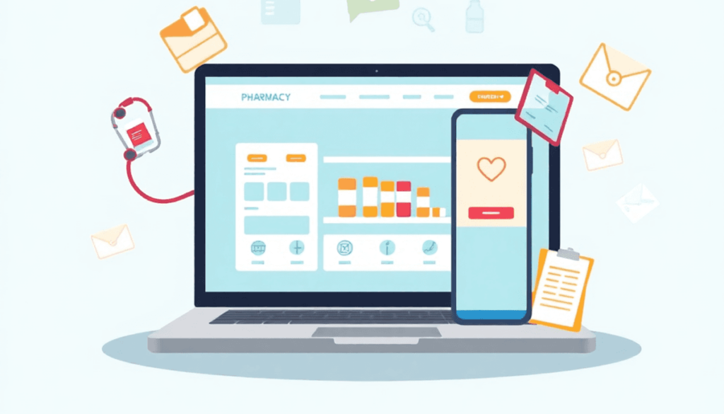 Digital illustration of a laptop showing an online pharmacy website with medication icons, stethoscope, and medical documents symbolizing safe, con...
