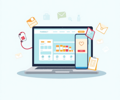 Digital illustration of a laptop showing an online pharmacy website with medication icons, stethoscope, and medical documents symbolizing safe, con...