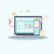 Digital illustration of a laptop showing an online pharmacy website with medication icons, stethoscope, and medical documents symbolizing safe, con...