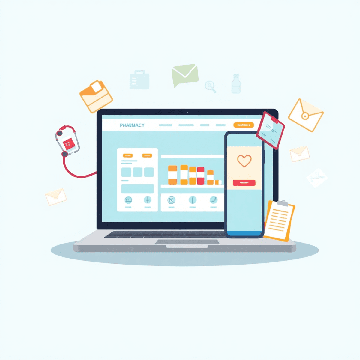 Digital illustration of a laptop showing an online pharmacy website with medication icons, stethoscope, and medical documents symbolizing safe, con...