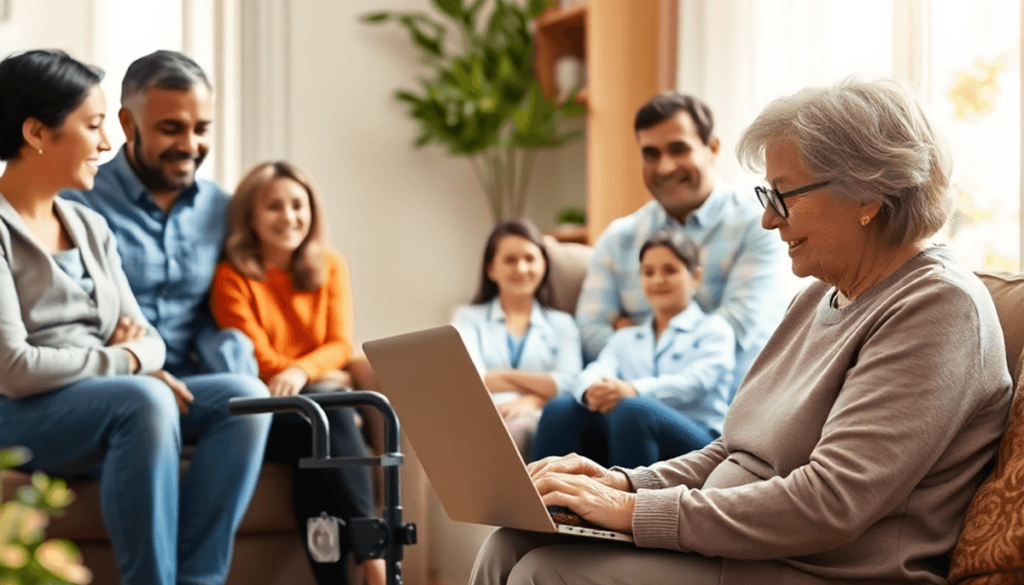 Elderly woman using laptop to order medication online, video call with pharmacist on screen, surrounded by medicine bottles and digital health icon...