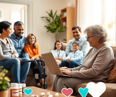 Elderly woman using laptop to order medication online, video call with pharmacist on screen, surrounded by medicine bottles and digital health icon...