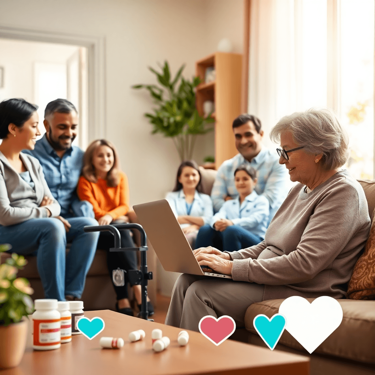 Elderly woman using laptop to order medication online, video call with pharmacist on screen, surrounded by medicine bottles and digital health icon...