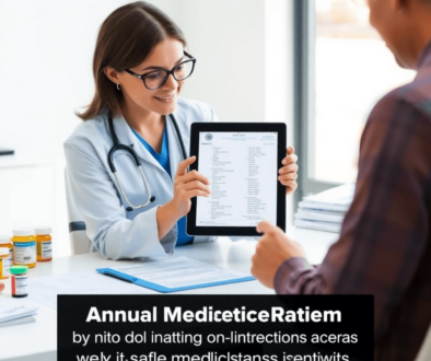 Healthcare professional reviewing medication list on tablet with prescription bottles and documents on a bright, organized desk.