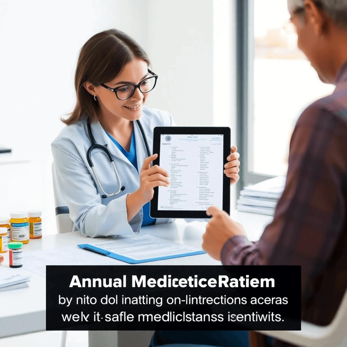 Healthcare professional reviewing medication list on tablet with prescription bottles and documents on a bright, organized desk.