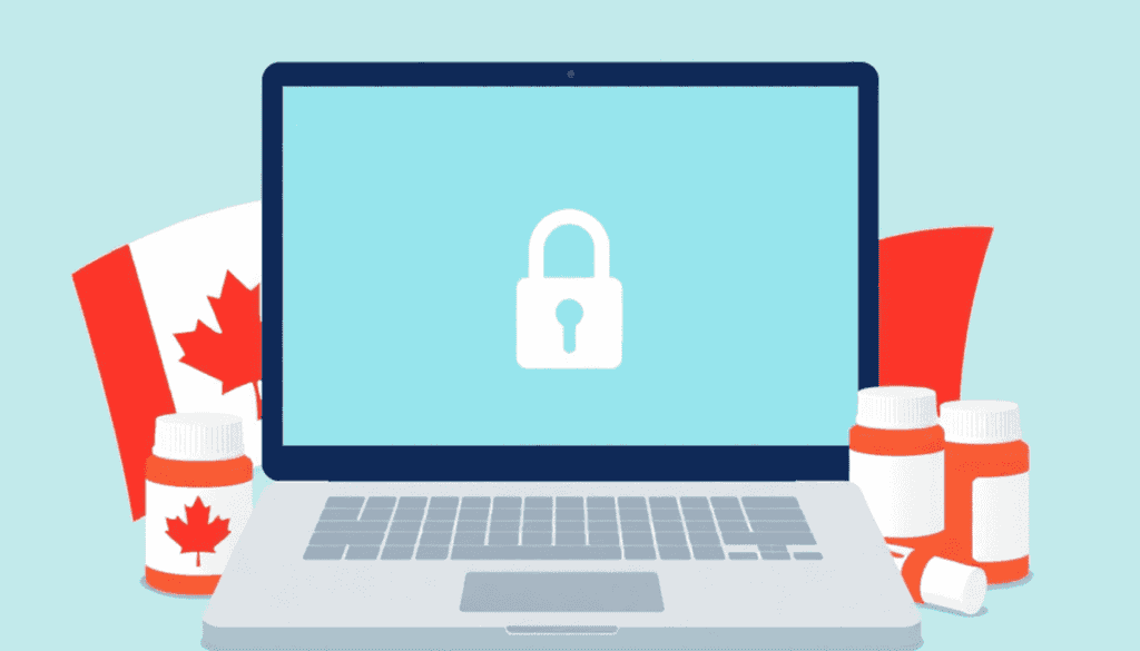 Laptop showing online pharmacy site with secure lock, surrounded by medication bottles and a faint Canadian flag in the background.