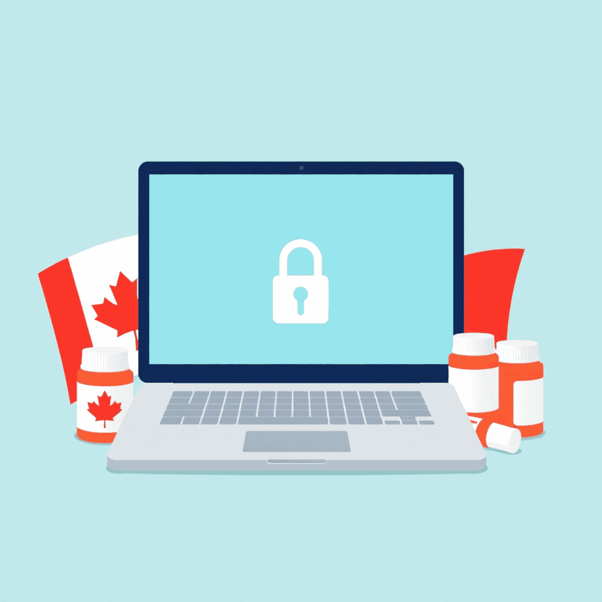 Laptop showing online pharmacy site with secure lock, surrounded by medication bottles and a faint Canadian flag in the background.
