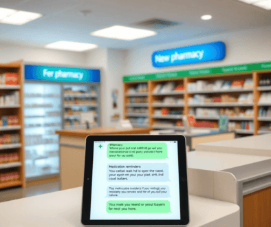 Modern pharmacy counter with digital tablet showing medication reminders and health tips in a bright, welcoming space.