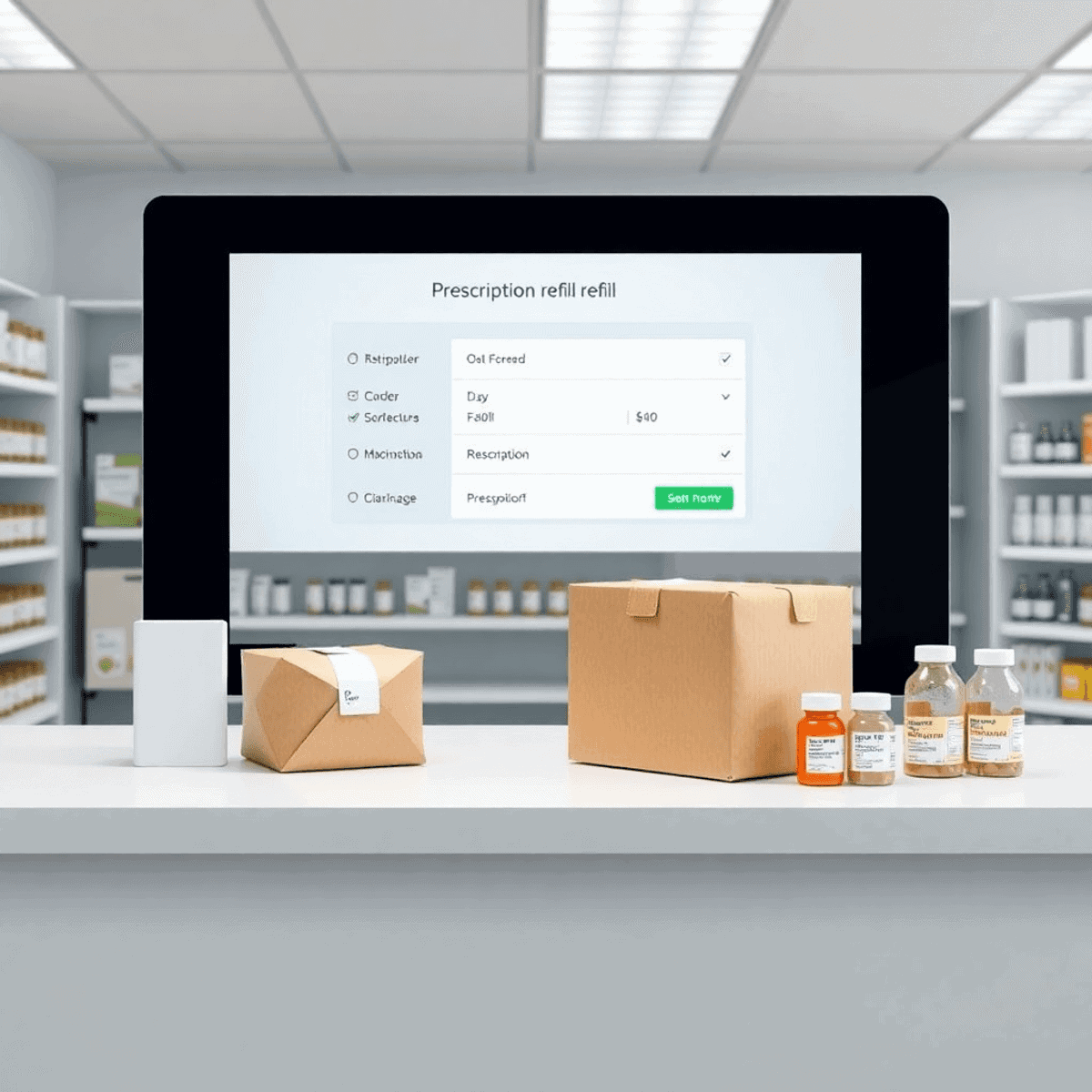 Modern pharmacy counter with touchscreen interface, medication bottles, and delivery package showcasing fast online prescription refills.
