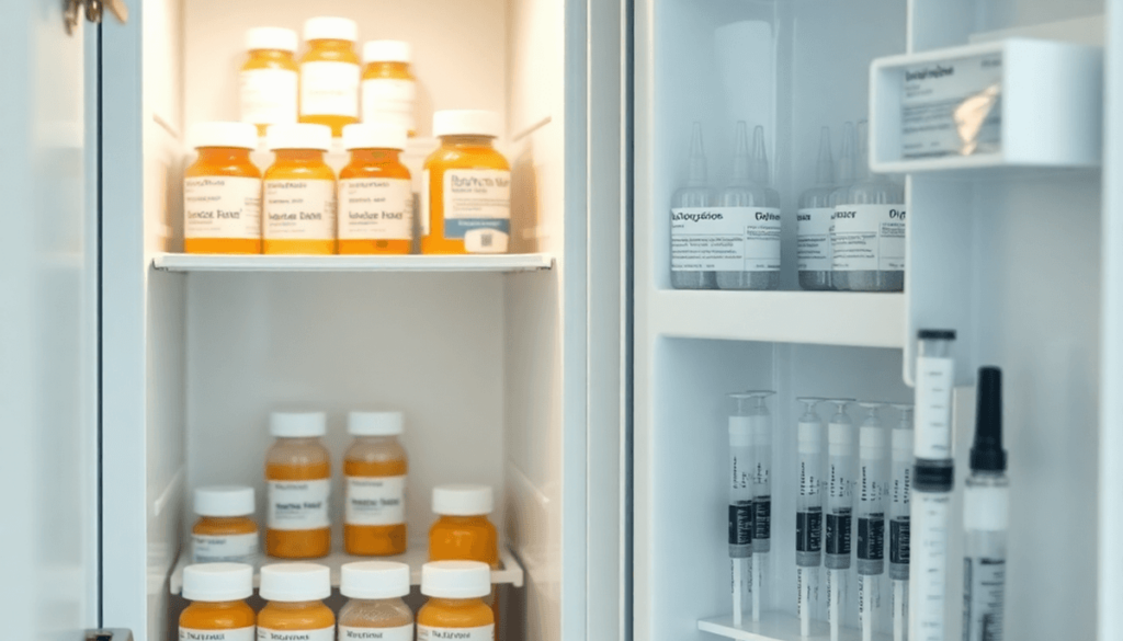 Organized medicine cabinet with labeled vials, syringes, and a small refrigerator, lit by soft natural light, showcasing safe and precise home medi...