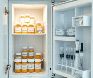 Organized medicine cabinet with labeled vials, syringes, and a small refrigerator, lit by soft natural light, showcasing safe and precise home medi...
