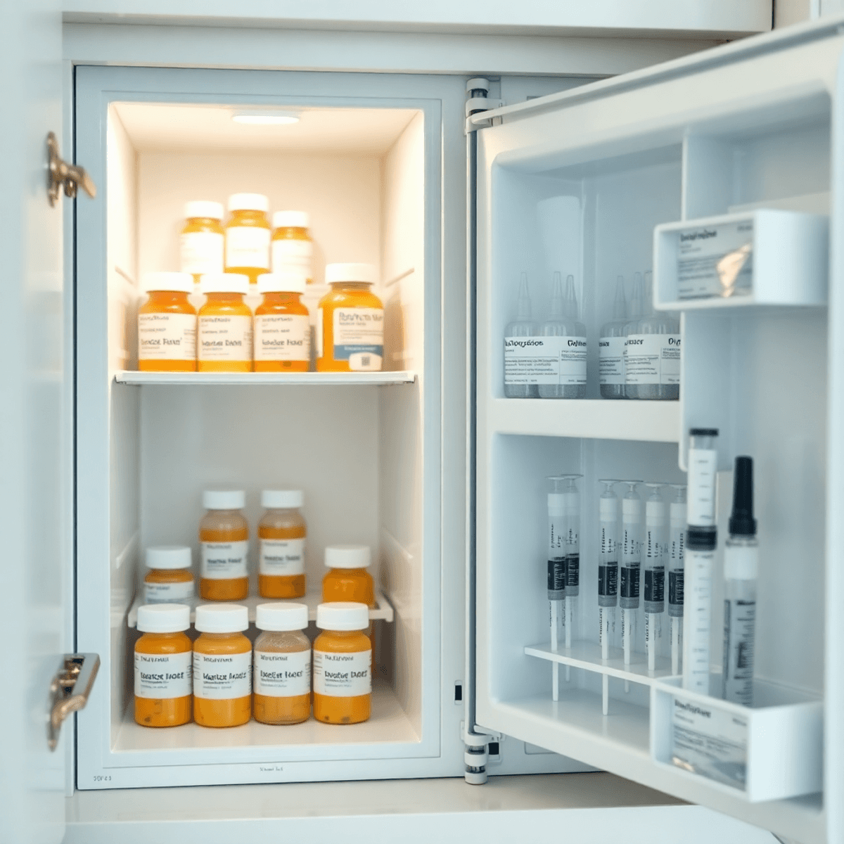 Organized medicine cabinet with labeled vials, syringes, and a small refrigerator, lit by soft natural light, showcasing safe and precise home medi...