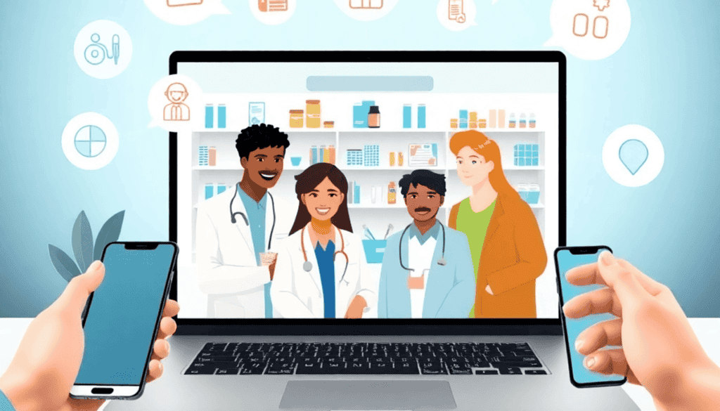 People engaged in a virtual pharmacist consultation on laptop and smartphone screens, surrounded by medication, health, and communication icons on ...