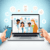 People engaged in a virtual pharmacist consultation on laptop and smartphone screens, surrounded by medication, health, and communication icons on ...