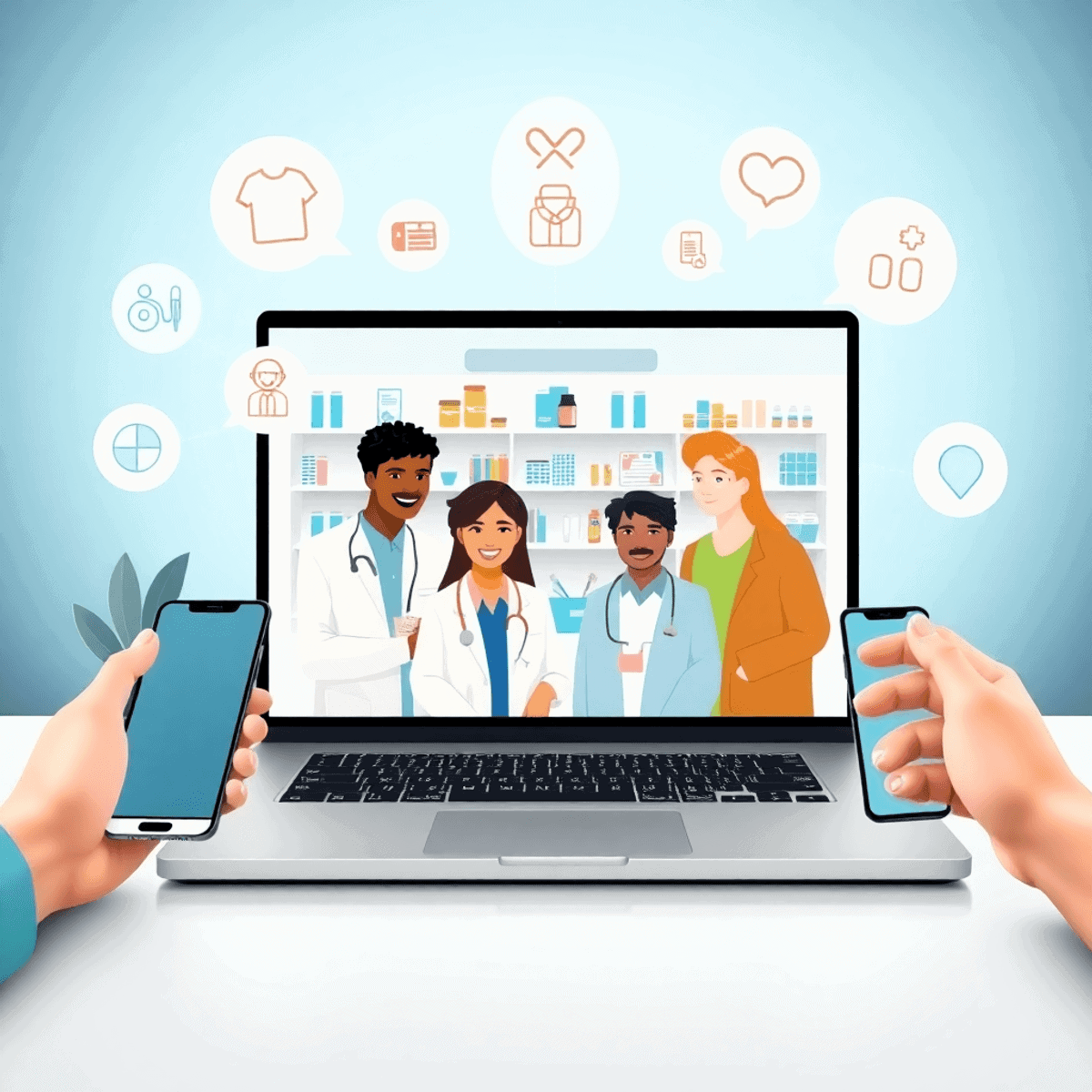 People engaged in a virtual pharmacist consultation on laptop and smartphone screens, surrounded by medication, health, and communication icons on ...