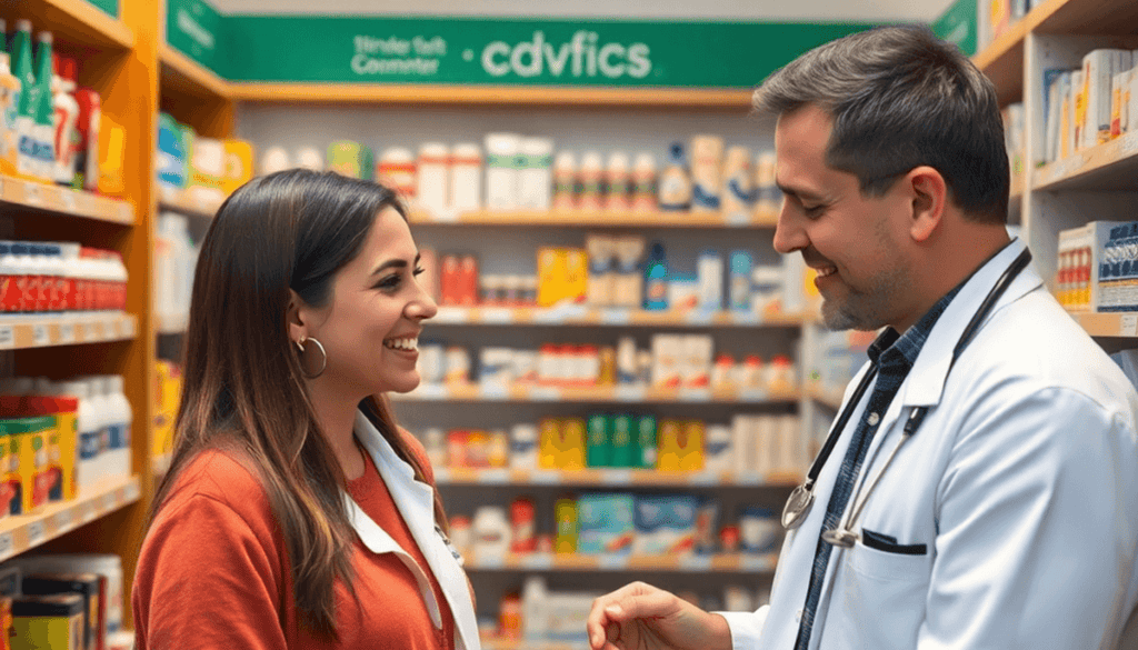 Pharmacist assisting a smiling customer in a bright, modern pharmacy with shelves of health products and clear signage about minor ailments.
