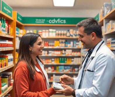 Pharmacist assisting a smiling customer in a bright, modern pharmacy with shelves of health products and clear signage about minor ailments.