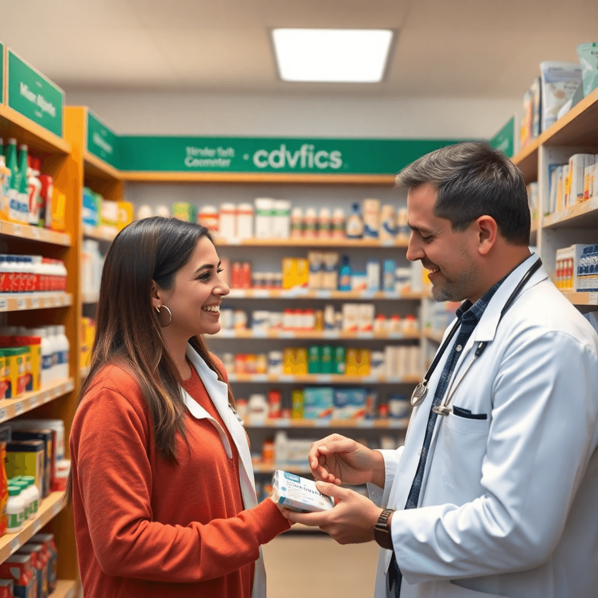 Pharmacist assisting a smiling customer in a bright, modern pharmacy with shelves of health products and clear signage about minor ailments.