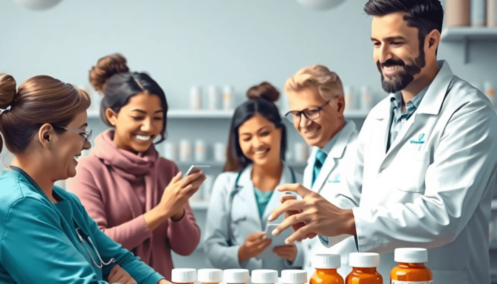 Pharmacist organizing prescription bottles on a counter, assisting patients with managing complex medication schedules.