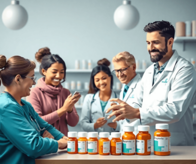Pharmacist organizing prescription bottles on a counter, assisting patients with managing complex medication schedules.