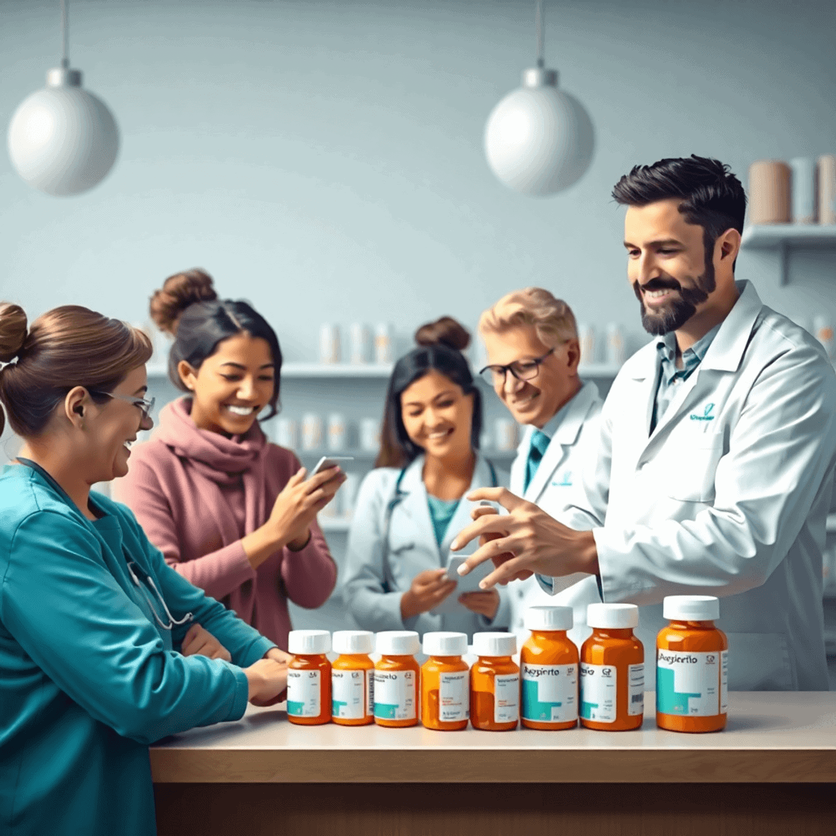 Pharmacist organizing prescription bottles on a counter, assisting patients with managing complex medication schedules.