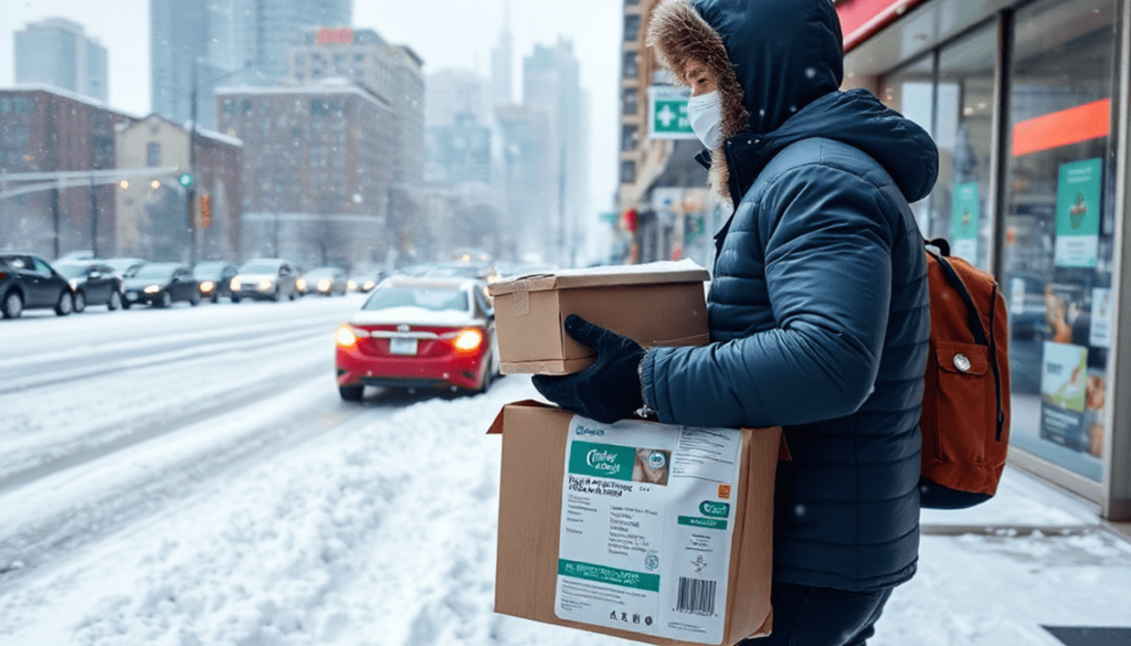 Snowy Toronto street with heavy snowfall, a delivery person in winter gear carrying a pharmacy package, and a pharmacy storefront in the background.