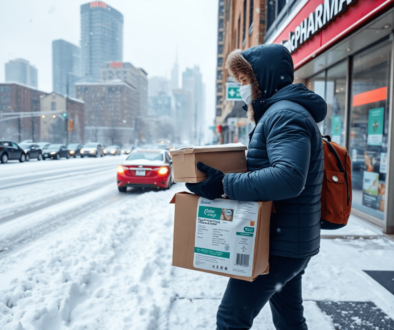 Snowy Toronto street with heavy snowfall, a delivery person in winter gear carrying a pharmacy package, and a pharmacy storefront in the background.