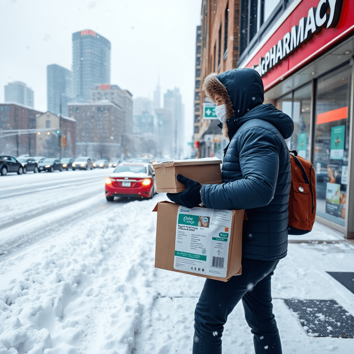 Snowy Toronto street with heavy snowfall, a delivery person in winter gear carrying a pharmacy package, and a pharmacy storefront in the background.