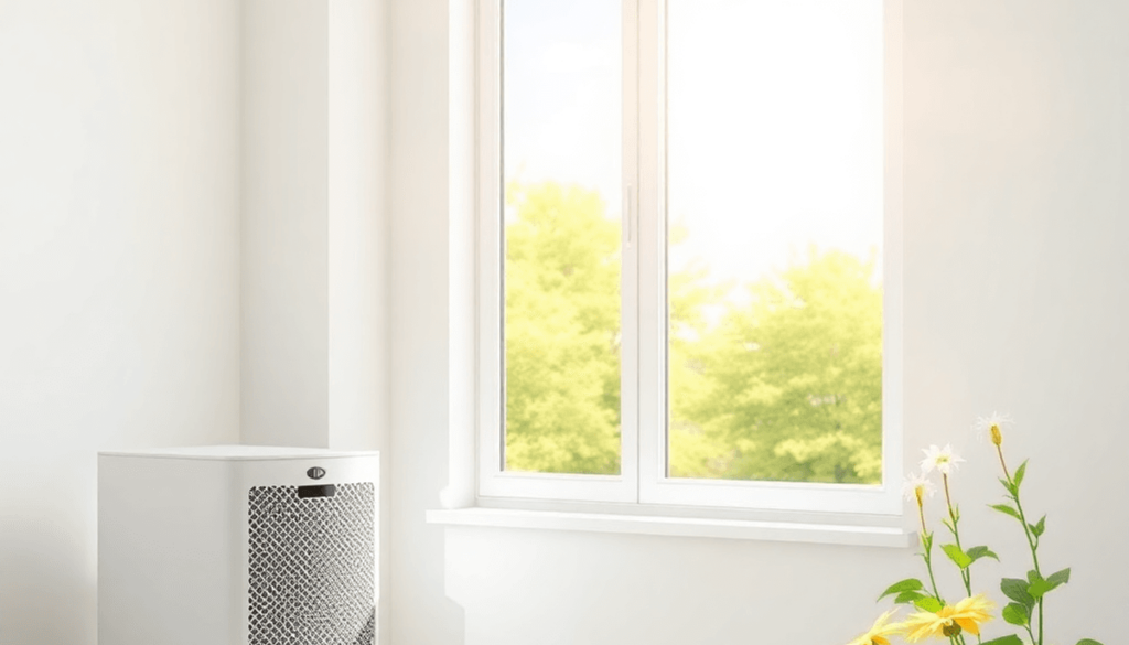 Bright indoor scene with air purifier by window closed against pollen; sunlight filters in, showing blooming flowers and clear sky outside.