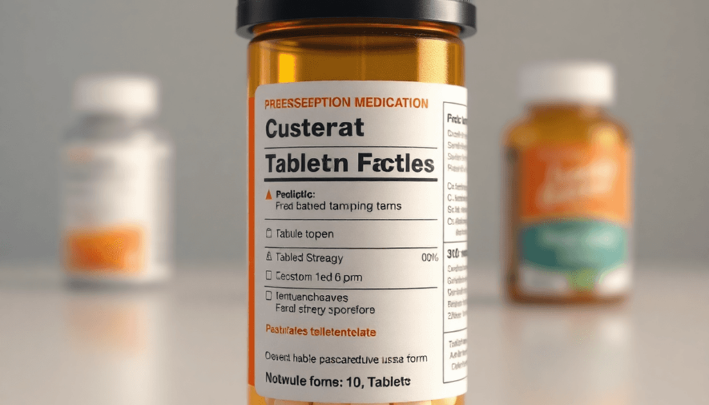 Close-up of a prescription bottle with clear label showing medication names, dosage, and tablets, on a clean surface with soft lighting.