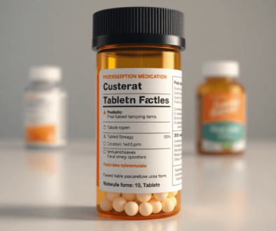 Close-up of a prescription bottle with clear label showing medication names, dosage, and tablets, on a clean surface with soft lighting.