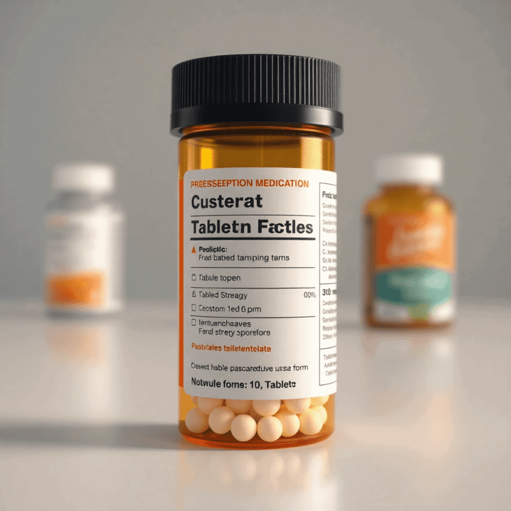 Close-up of a prescription bottle with clear label showing medication names, dosage, and tablets, on a clean surface with soft lighting.