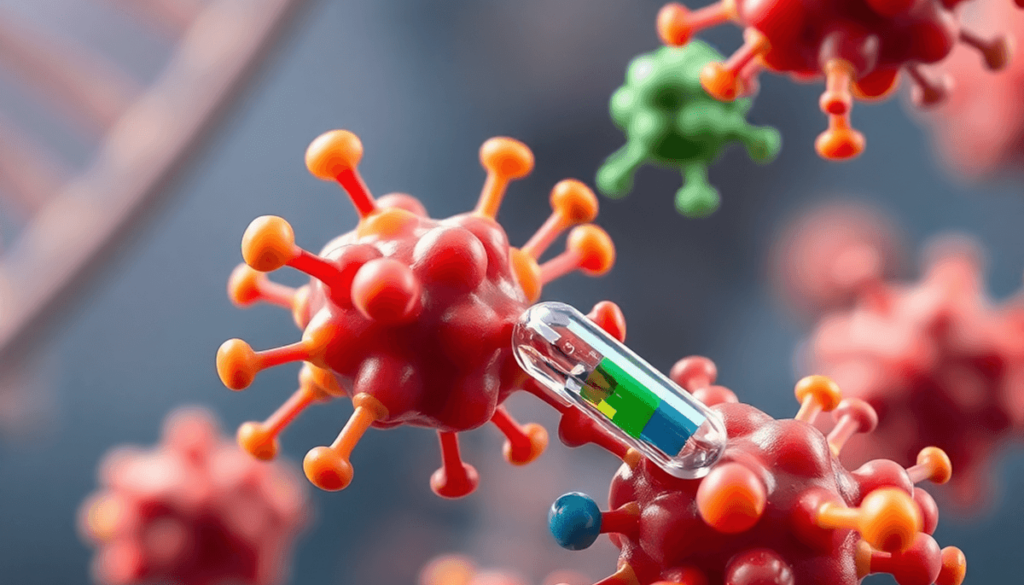 Close-up of colorful bacteria and antibiotic molecules interacting, with a faint DNA strand in the background symbolizing antibiotic resistance and...
