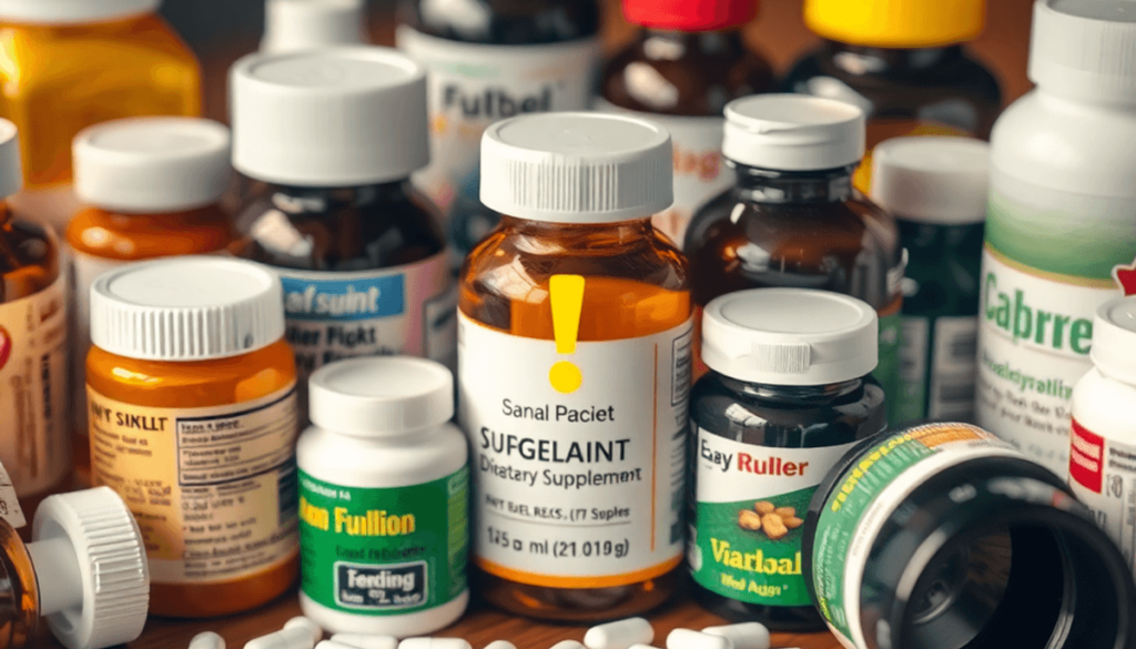 Close-up of prescription pill bottles and supplement containers on a wooden table with warning symbols overlay indicating drug interaction risks.