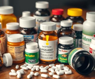 Close-up of prescription pill bottles and supplement containers on a wooden table with warning symbols overlay indicating drug interaction risks.