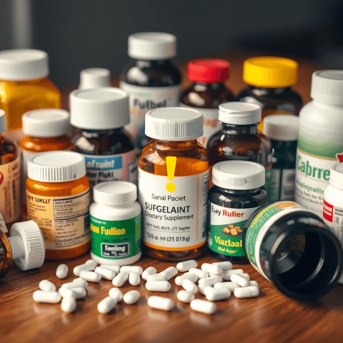 Close-up of prescription pill bottles and supplement containers on a wooden table with warning symbols overlay indicating drug interaction risks.