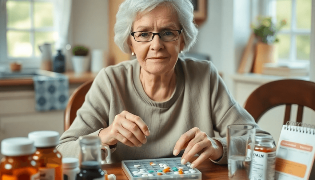 Elderly woman organizing medications at a kitchen table with pill organizer, medication bottles, glass of water, and a calendar in a cozy kitchen.