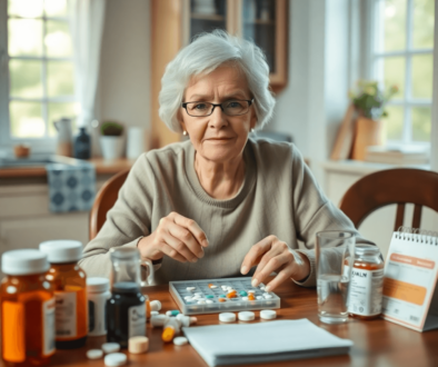 Elderly woman organizing medications at a kitchen table with pill organizer, medication bottles, glass of water, and a calendar in a cozy kitchen.