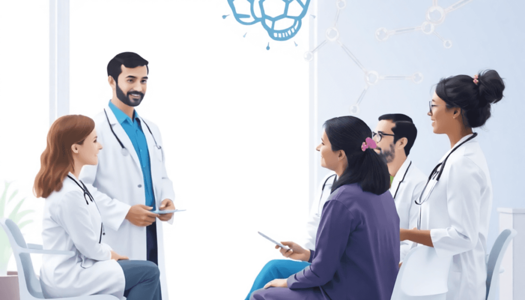 Healthcare professionals discussing mental health treatment with a patient in a bright clinic, with subtle brain chemistry symbols in the background.