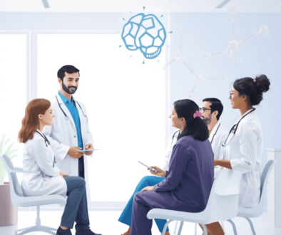 Healthcare professionals discussing mental health treatment with a patient in a bright clinic, with subtle brain chemistry symbols in the background.