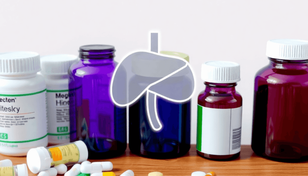 Illustration of medication bottles and pills on a wooden table with a faint human liver icon overlay, symbolizing drug metabolism and medication sa...