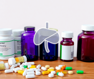 Illustration of medication bottles and pills on a wooden table with a faint human liver icon overlay, symbolizing drug metabolism and medication sa...