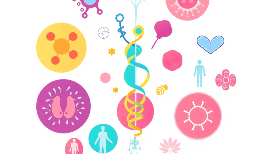 Illustration of proteins, cells, joints, and immune system icons on a clean background highlighting healthcare and patient empowerment.