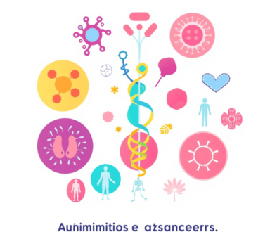 Illustration of proteins, cells, joints, and immune system icons on a clean background highlighting healthcare and patient empowerment.