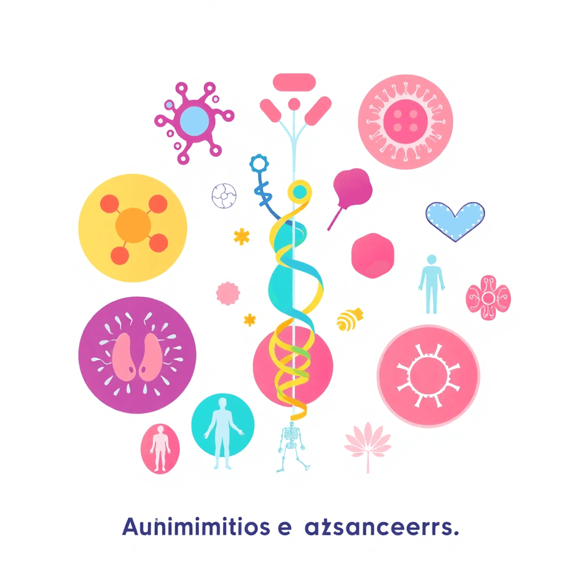 Illustration of proteins, cells, joints, and immune system icons on a clean background highlighting healthcare and patient empowerment.