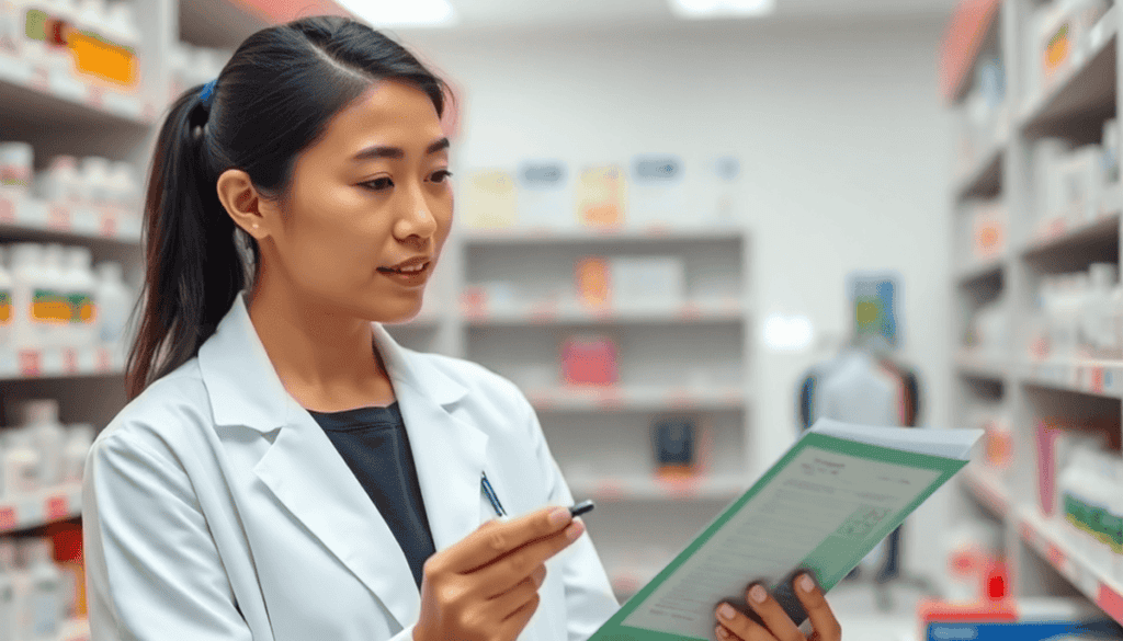 Pharmacist in white coat reviewing medication labels in a modern pharmacy with shelves of medicines in the background.