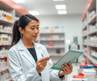 Pharmacist in white coat reviewing medication labels in a modern pharmacy with shelves of medicines in the background.
