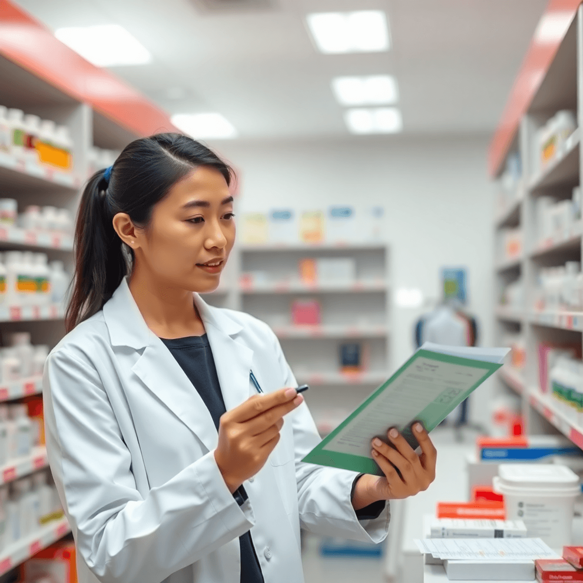 Pharmacist in white coat reviewing medication labels in a modern pharmacy with shelves of medicines in the background.