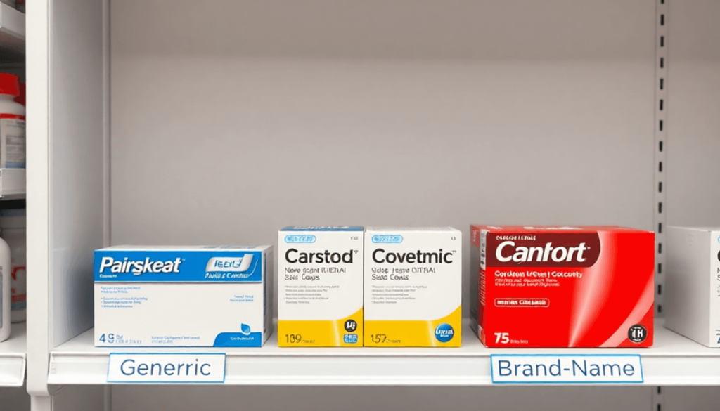 Pharmacy shelf with neatly arranged generic and brand-name medication boxes side by side, clear labels highlighting "Generic" and "Brand-Name" for ...