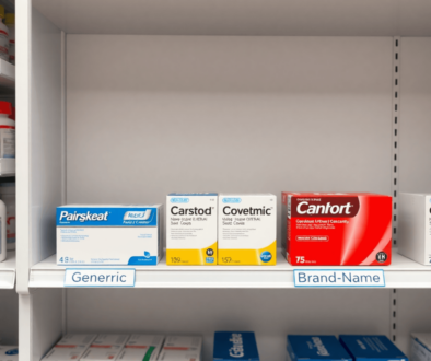 Pharmacy shelf with neatly arranged generic and brand-name medication boxes side by side, clear labels highlighting "Generic" and "Brand-Name" for ...